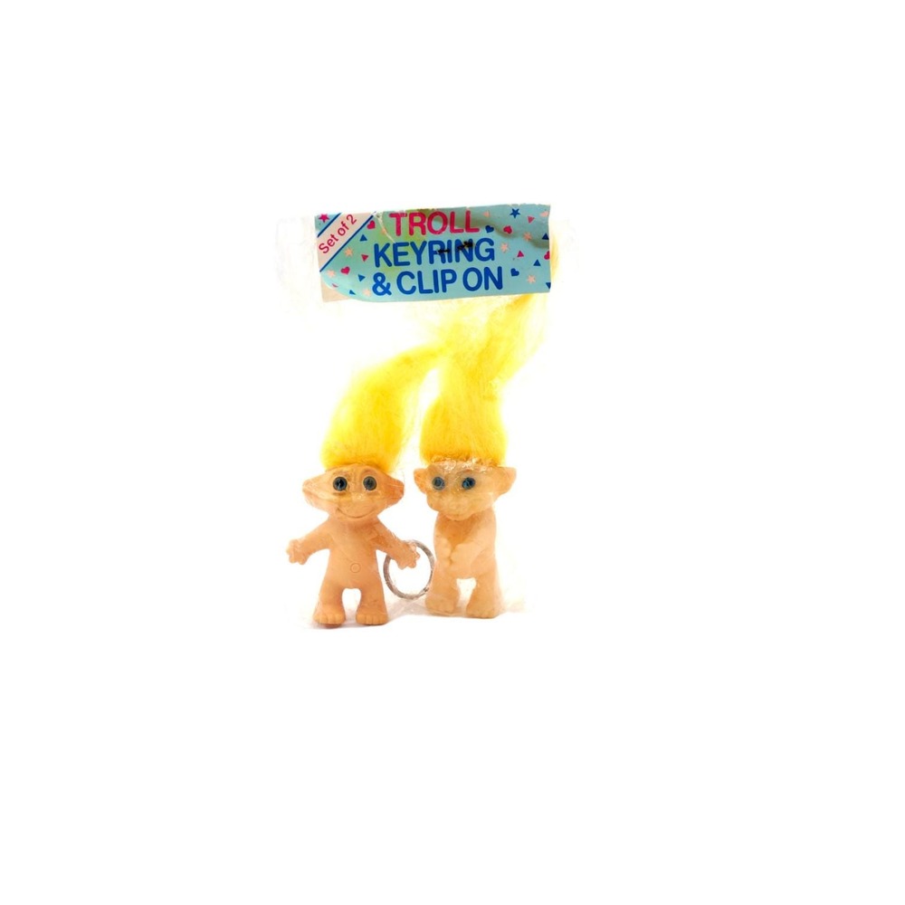 VTG Troll Doll Keychain Clip-On Set of 2 Sealed 90s Yellow Purse Charm Bag‎